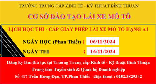 Lịch học, thi sát hạch lái xe A1 Tháng 11/2024