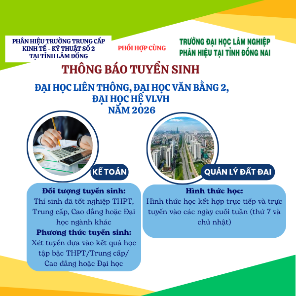 PHÂN HIỆU PHỐI HỢP CÙNG TRƯỜNG ĐẠI HỌC LÂM NGHIỆP PHÂN HIỆU TẠI TỈNH ĐỒNG NAI TUYỂN SINH ĐẠI HỌC LIÊN THÔNG, ĐẠI HỌC VB2, ĐẠI HỌC HỆ VHVL, NĂM 2026