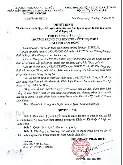 QUY CHẾ TUYỂN SINH, TỔ CHỨC ĐÀO TẠO VÀ QUẢN LÝ ĐÀO TẠO LÁI XE HẠNG A1