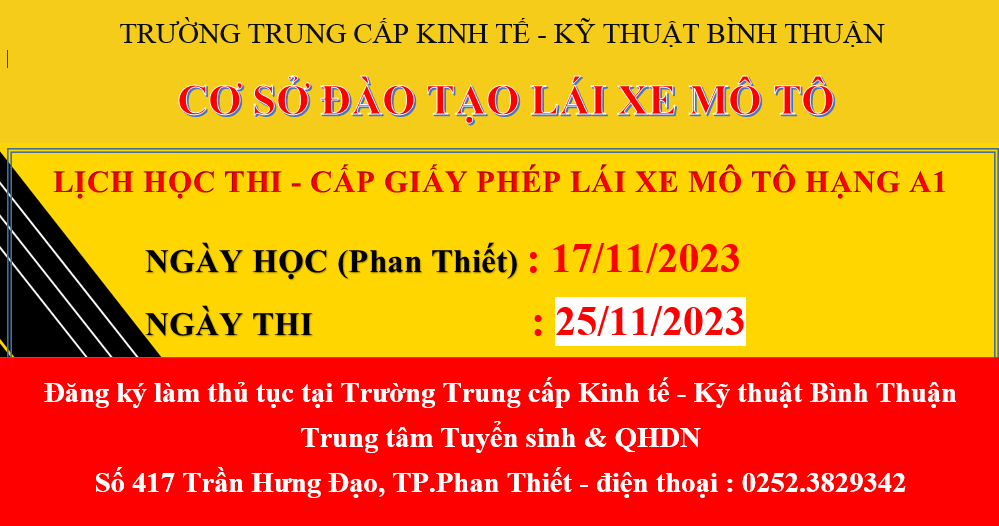 Lịch học và thi lái xe A1 tháng 11/2023